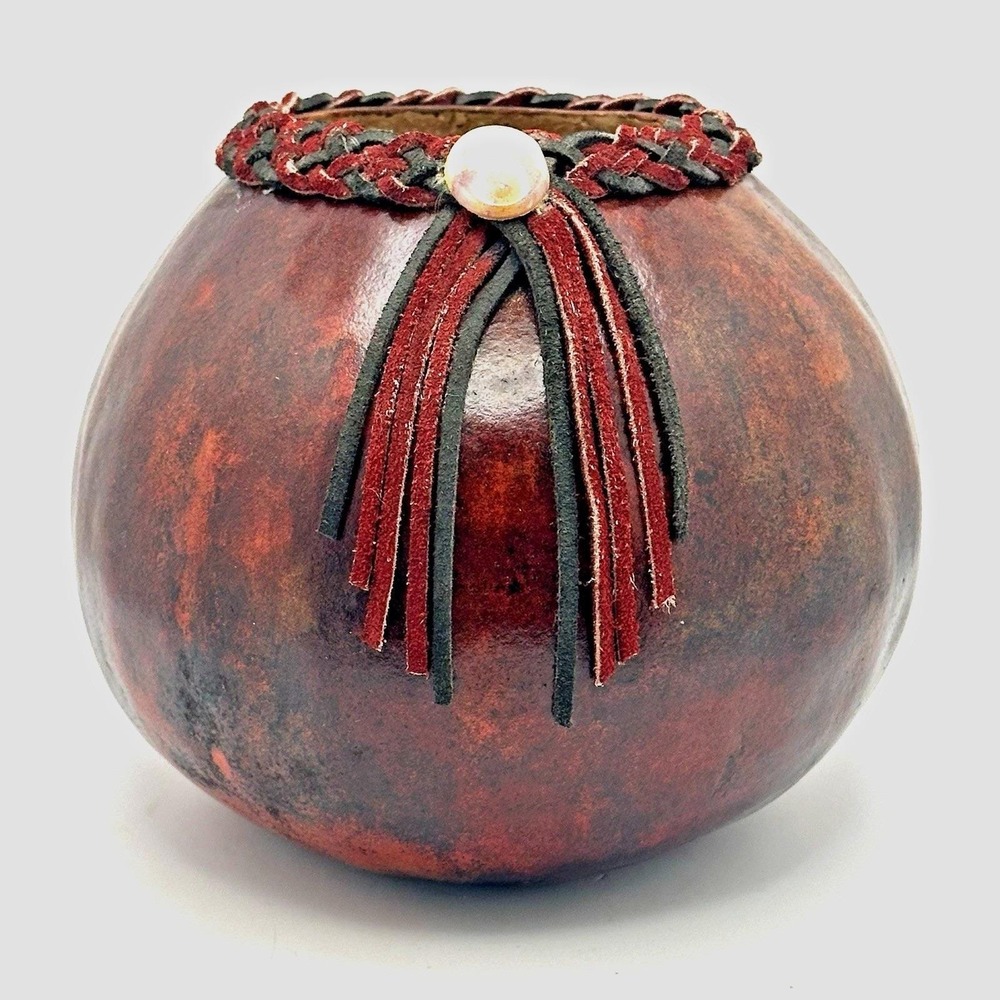 Vintage Gourd Art Bowl Braided Leather Rim Tassels Rustic Folk Art 7in